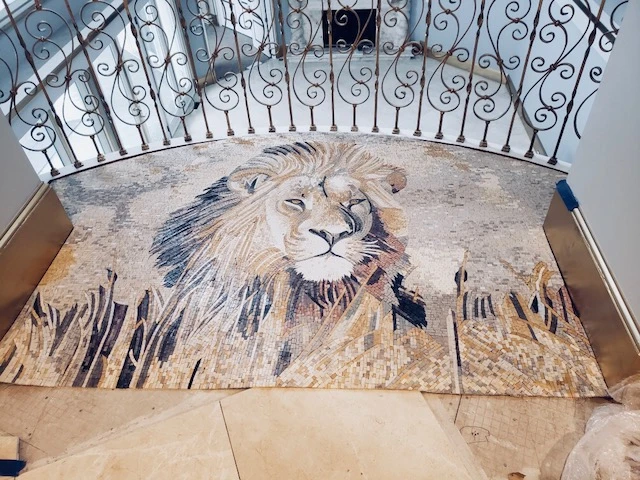 Fierce Lion - Marble Mosaic Mural