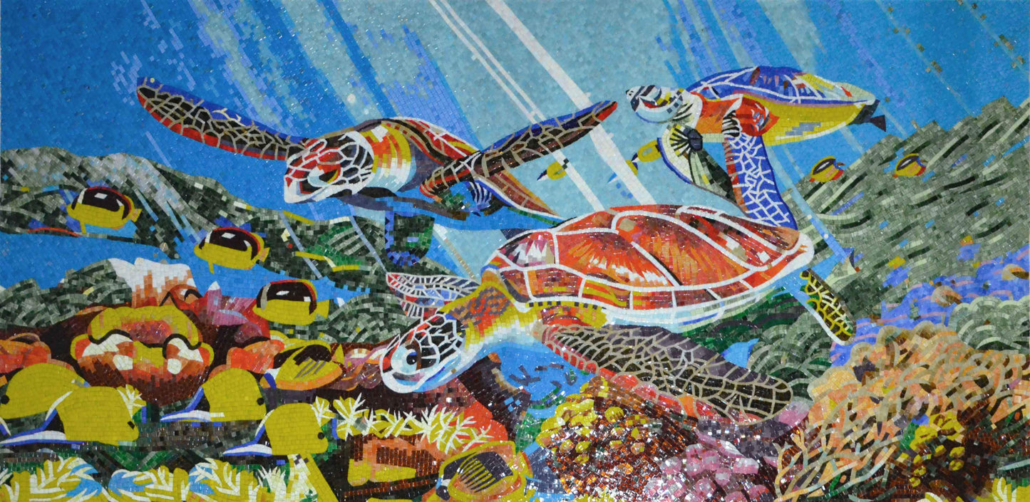 Vibrant Sea Turtles and Fish Glass Mosaic Mural