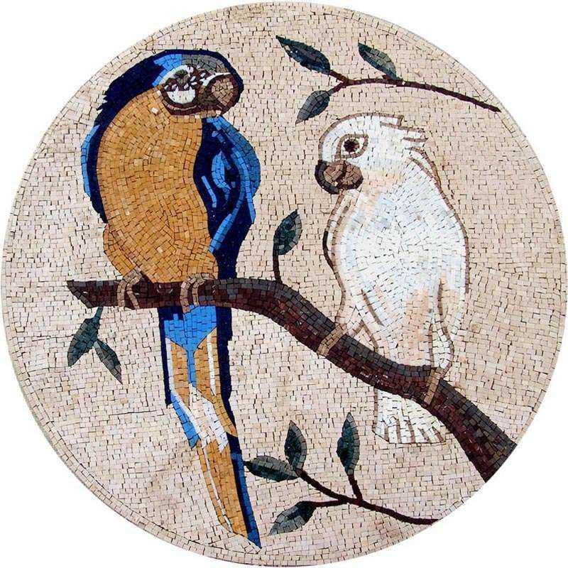 Mosaic Art Medallion - Macaw and White Parrot