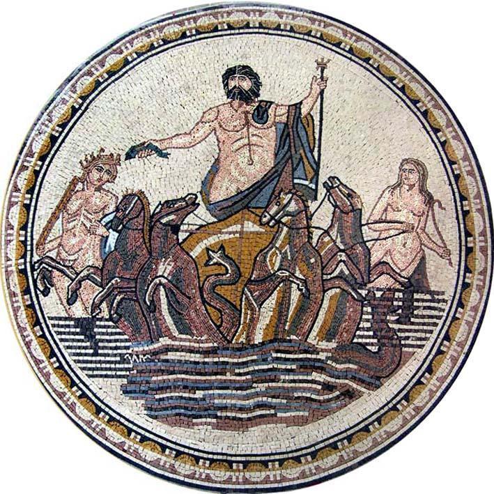 Neptune God Of Sea Mosaic Medallion Mural
