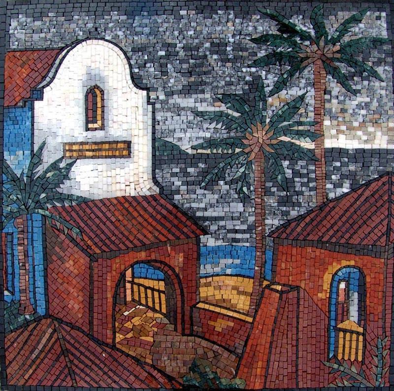 Beach Houses and Palm Trees Marble Mosaic