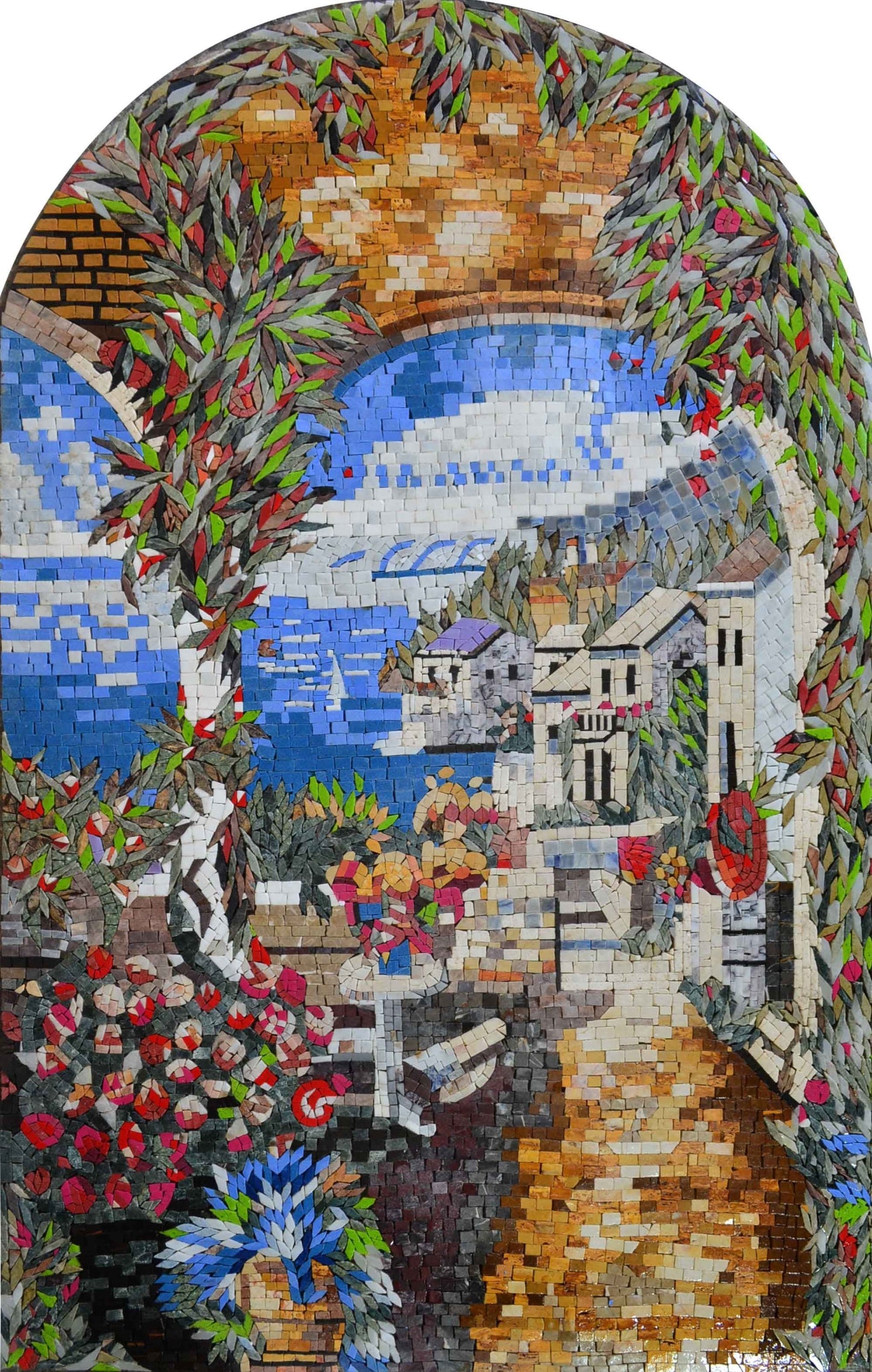 Marvelous Natural Sea View Arched Mosaic Marble Tuscan Mural Decorative