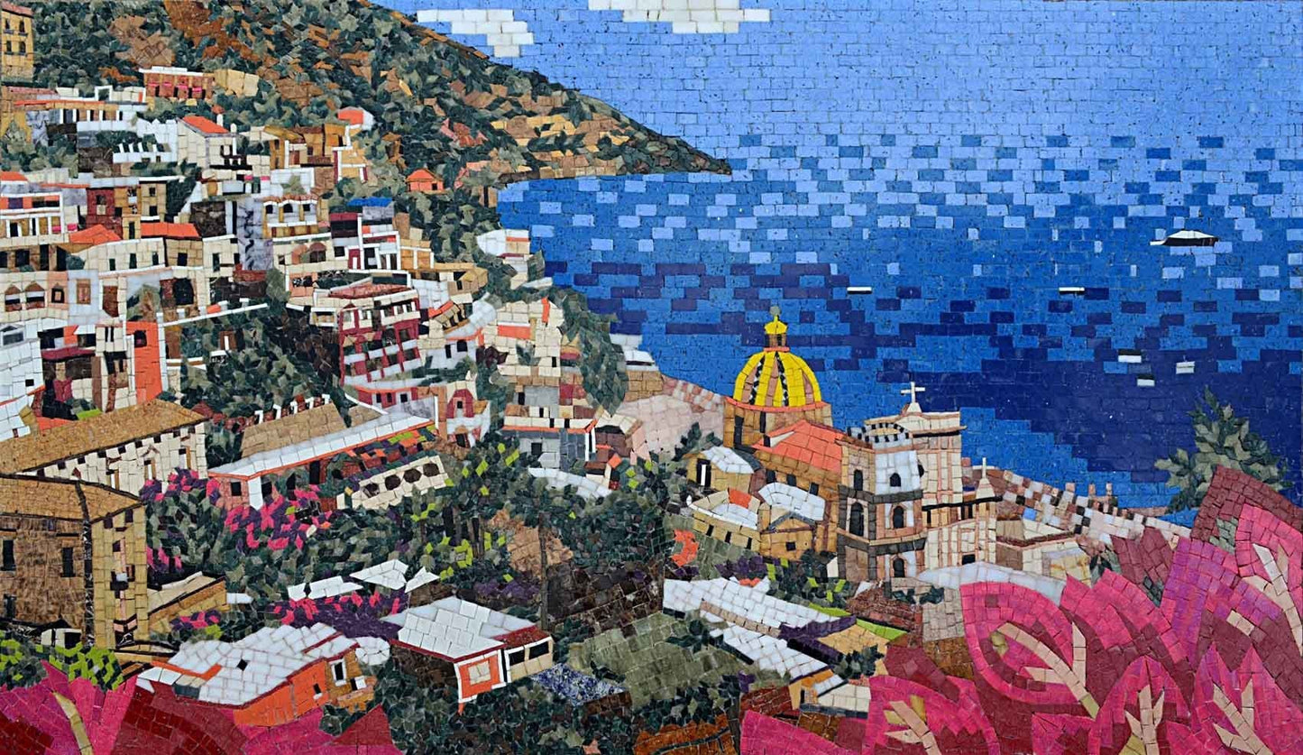 Village Seascape View Mosaic Marble Handmade Art
