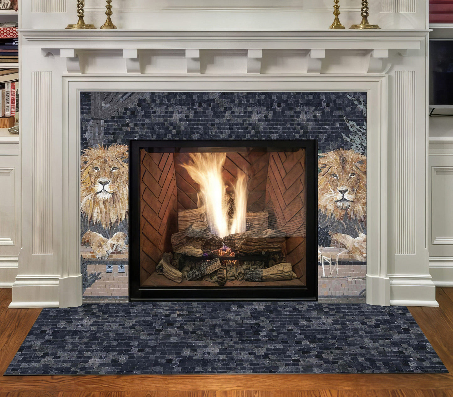 The Lion Lair Mosaic Fireplace