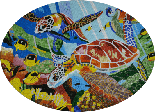 Lively Sea Turtles and Fish Glass Mosaic Mural