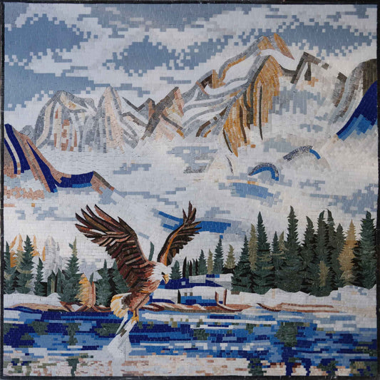 Ascending Eagle in Mountain Scenery - Marble Mosaic Art