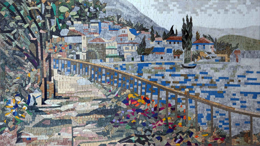 Colorful Floral Santorini View - Mosaic Artwork