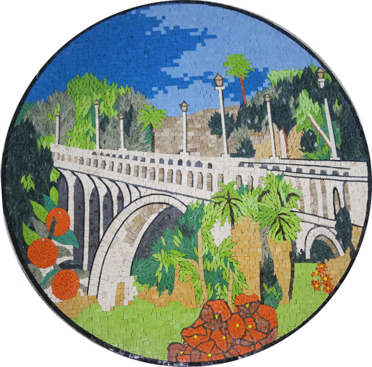 Scenic Bridge Landscape Mosaic Art - Round Handcrafted Stone Depiction with Fruit Trees