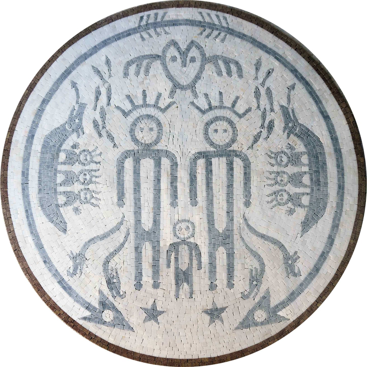 Stylized Figures and Symbols Mosaic Art - Round Handcrafted Stone Design - Ancient Inspired Motifs