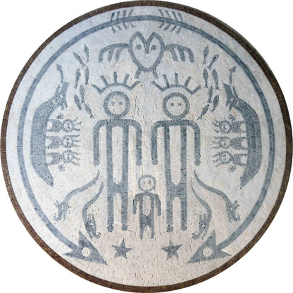 Stylized Figures and Symbols Mosaic Art - Round Handcrafted Stone Design - Ancient Inspired Motifs
