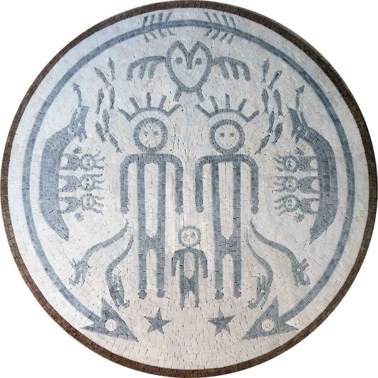 Stylized Figures and Symbols Mosaic Art - Round Handcrafted Stone Design - Ancient Inspired Motifs