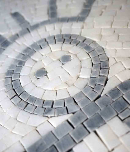 Stylized Figures and Symbols Mosaic Art - Round Handcrafted Stone Design - Ancient Inspired Motifs