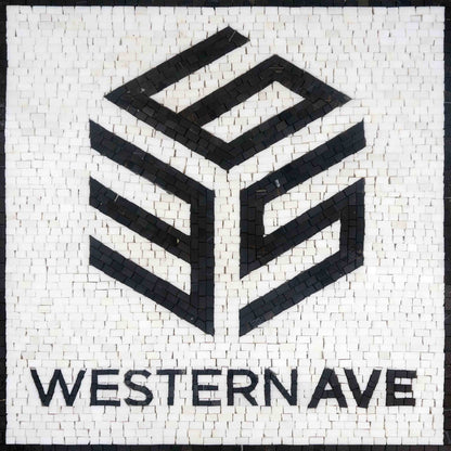 Modern Geometric Logo Mosaic Art with "WESTERN AVE" Text - Handcrafted Stone Tile Design - Minimalist Decor