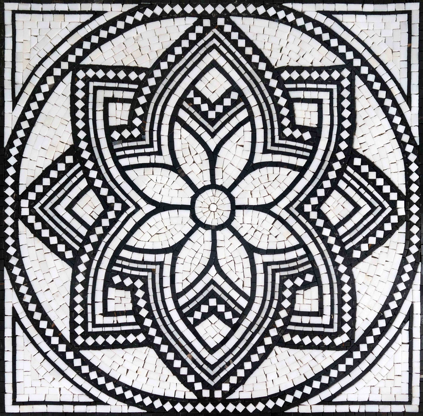 Complex Black and White Geometric Mosaic Floral Pattern