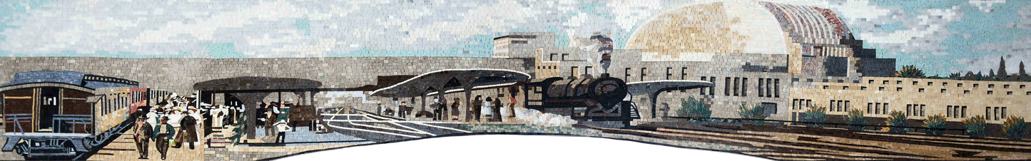 Bustling Train Station Mosaic Art - Handcrafted Stone Depiction of a Historic Railway Scene
