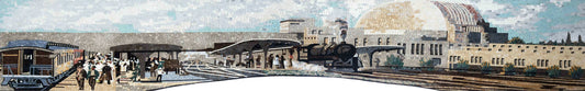 Bustling Train Station Mosaic Art - Handcrafted Stone Depiction of a Historic Railway Scene