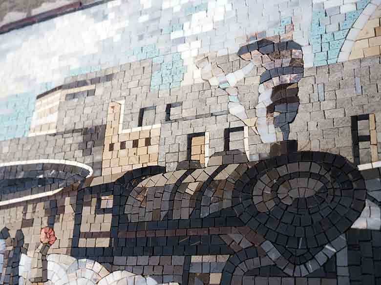 Bustling Train Station Mosaic Art - Handcrafted Stone Depiction of a Historic Railway Scene