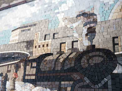 Bustling Train Station Mosaic Art - Handcrafted Stone Depiction of a Historic Railway Scene
