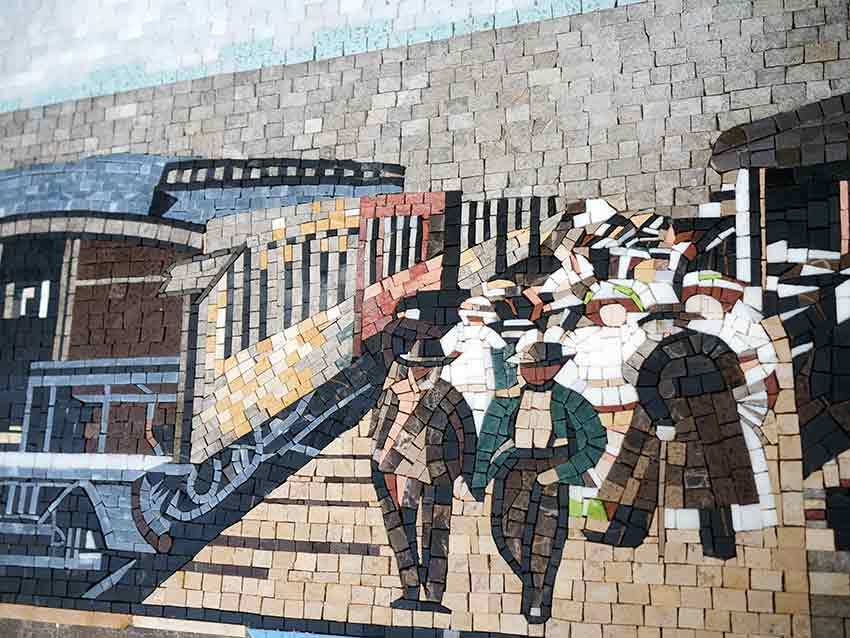 Bustling Train Station Mosaic Art - Handcrafted Stone Depiction of a Historic Railway Scene