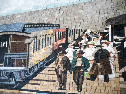 Bustling Train Station Mosaic Art - Handcrafted Stone Depiction of a Historic Railway Scene