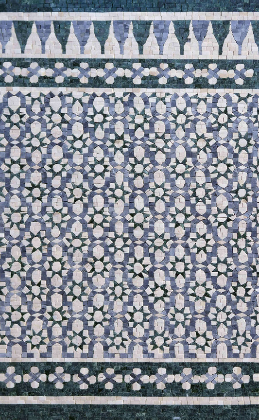 Geometric Harmony: A Mosaic Carpet of Blue and White