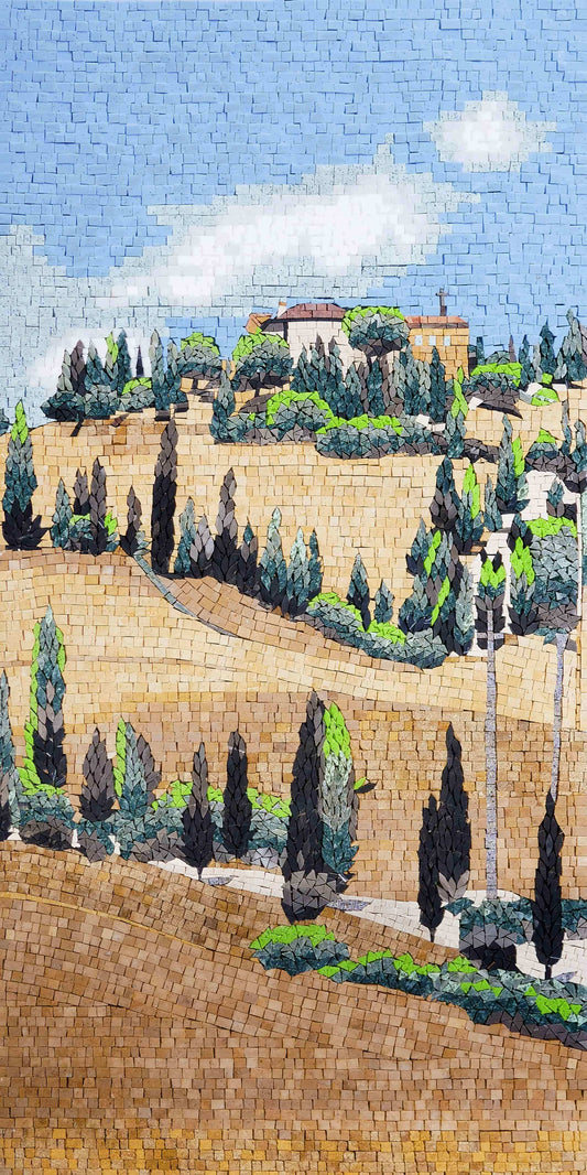Handmade Tuscan Landscape Mosaic Art: Rolling Hills, Cypress Trees, and Farmhouse Stone Mosaic Wall Hanging
