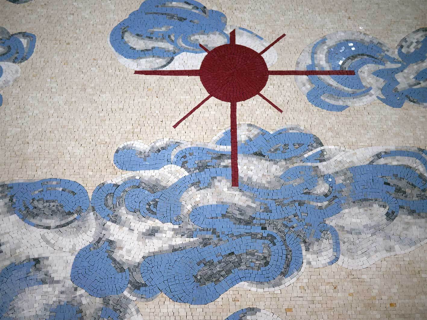 Skyward Gaze Mosaic: Abstract Clouds and a Radiant Sun in Ancient Art