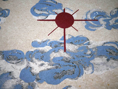 Skyward Gaze Mosaic: Abstract Clouds and a Radiant Sun in Ancient Art