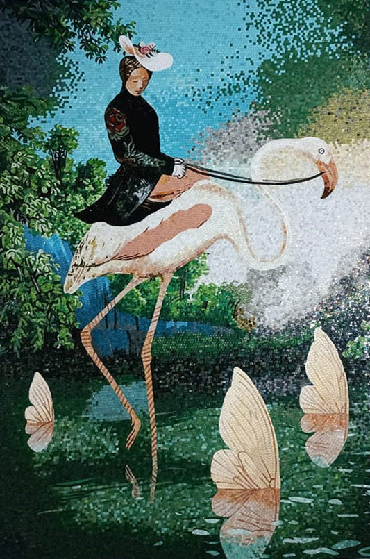 Whimsical Abstract Mosaic: Flamingo Ride in Paradise