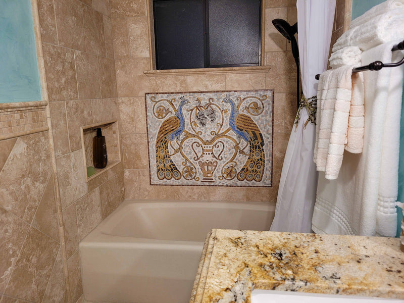 Marble Mosaic Mural - Jacobean Peacock
