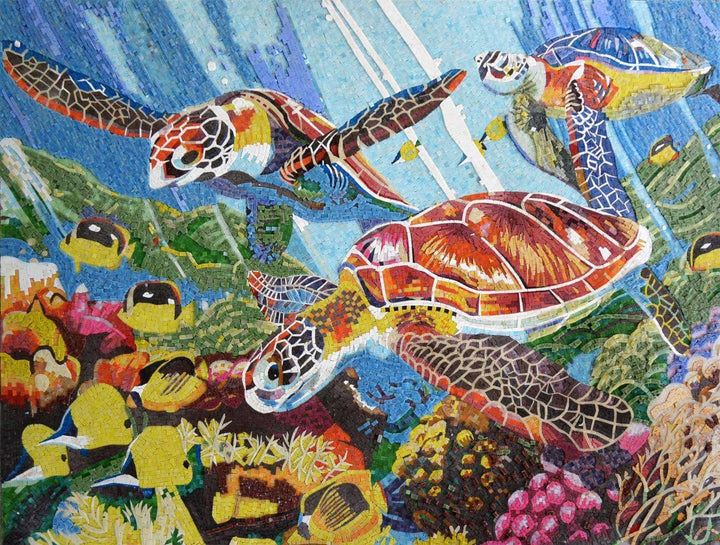 Colorful Sea Turtles And Fish Glass Mosaic Mural