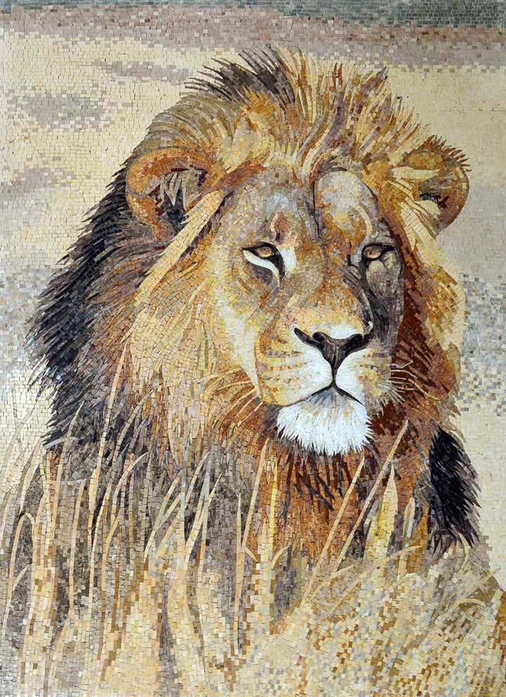 Marble Mosaic Mural - Fierce Look Lion