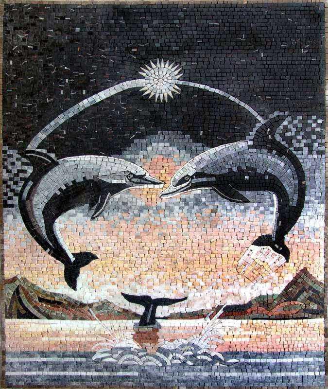 Dolphins in Moonlight Mosaics Art