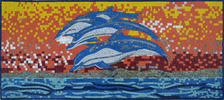 Mosaic Art - Dolphins Jumping in the sunset