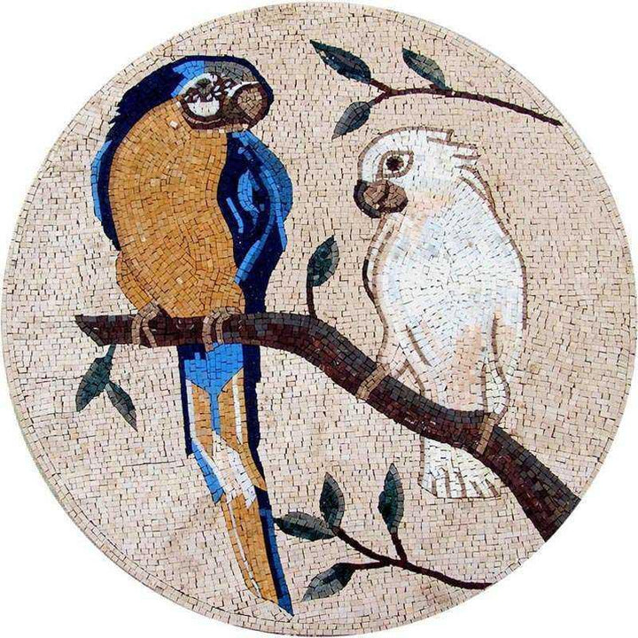 Mosaic Art Medallion - Macaw and White Parrot 