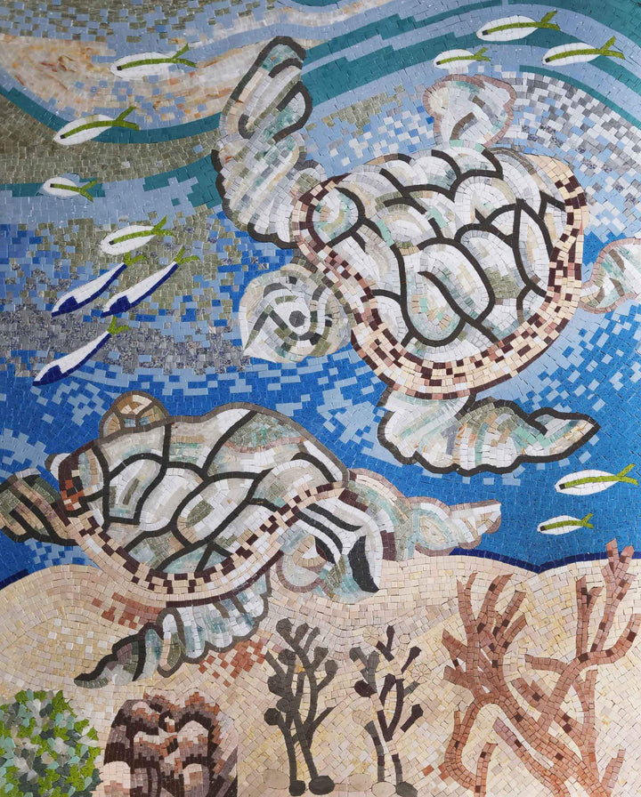 Marble Mosaic Pool Art - Turtles at Sea