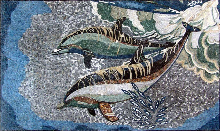 Deep Ocean and Dolphins Marble Mosaic Art