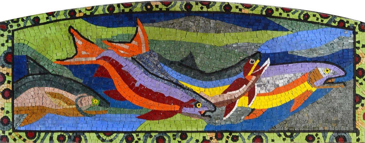 Four Colorful Swimming Fish Marble Mosaic