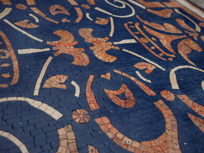 Rustic Geometric Pattern On White and Blue Mosaic Rug