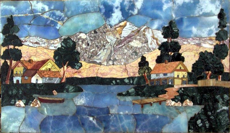 Village in the River Stone Art Mosaic