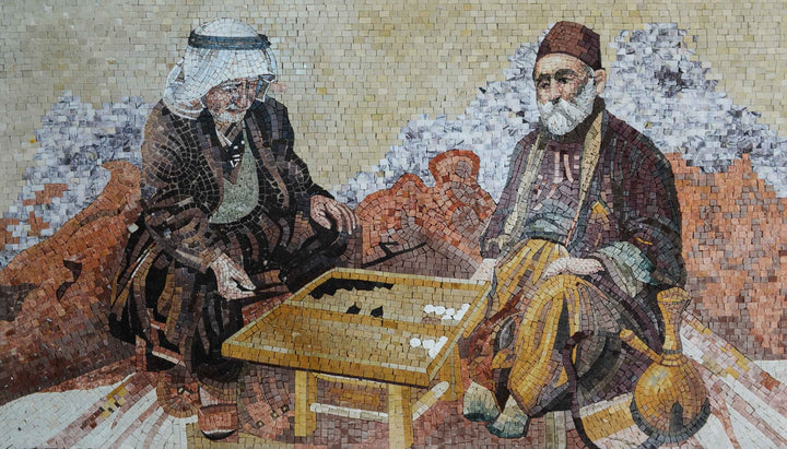 Playing Backgammon Marble Mosaic Mural