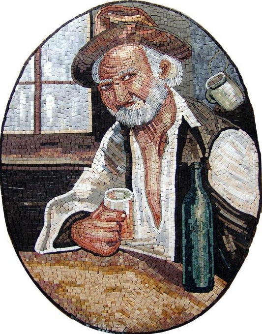 Old Man with a Bottle of Wine Marble Mosaic Mural