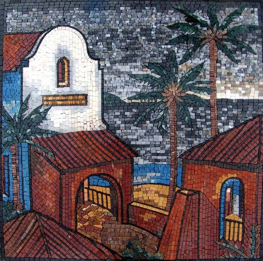 Beach Houses and Palm Trees Marble Mosaic