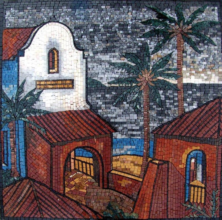 Beach Houses and Palm Trees Marble Mosaic