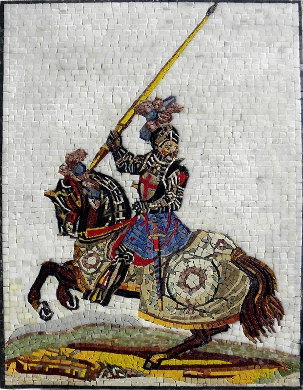 Spartan Warrior Carrying Spear Stone Mosaic Mural