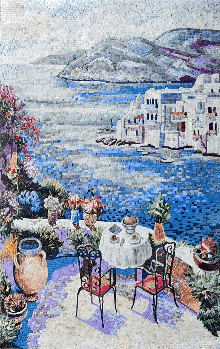 Coffee table on a terrace view on Marble Mosaic Mural