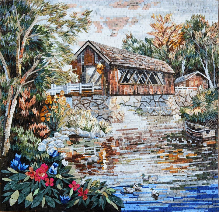 House by the lake with colorful plants in Marble mosaic mural tiles