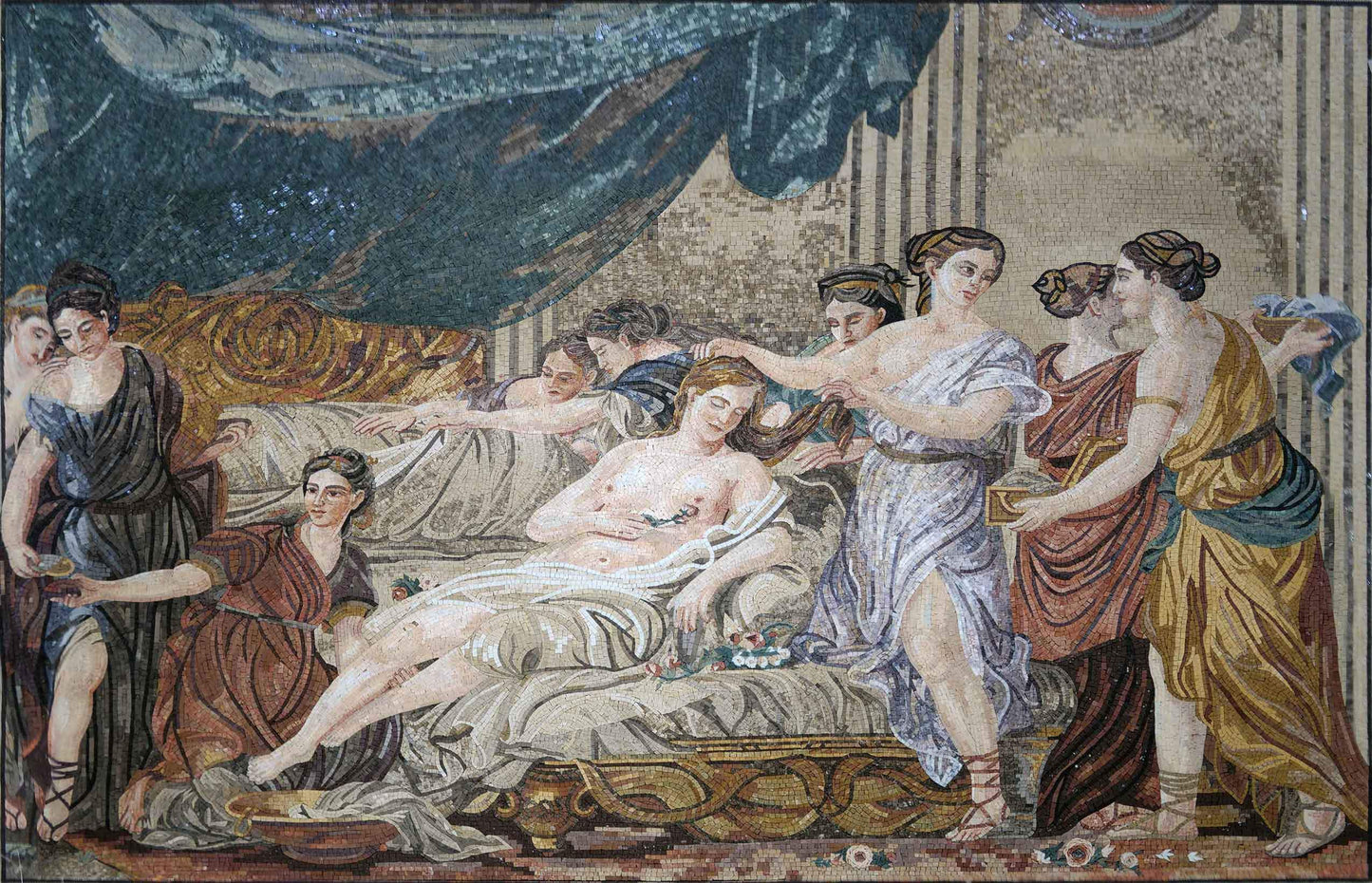 Mosaic Art Reproduction -  Women in Classical Dress Attending a Young Bride
