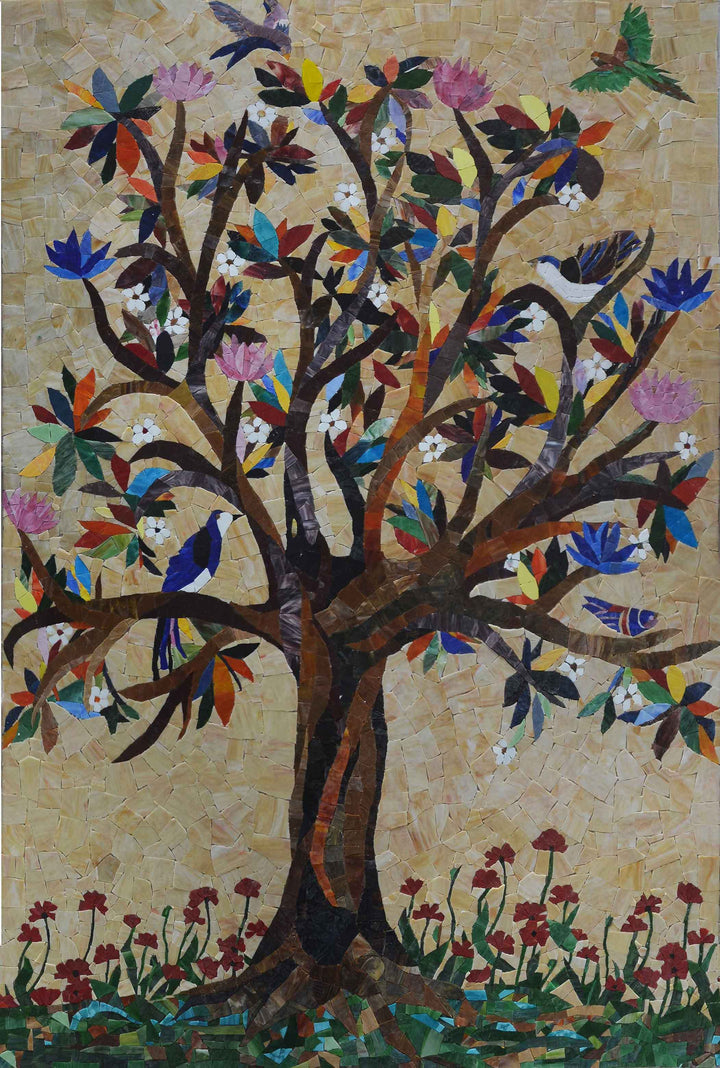 Mosaic Wall Art - Colorful Tree & BIrds